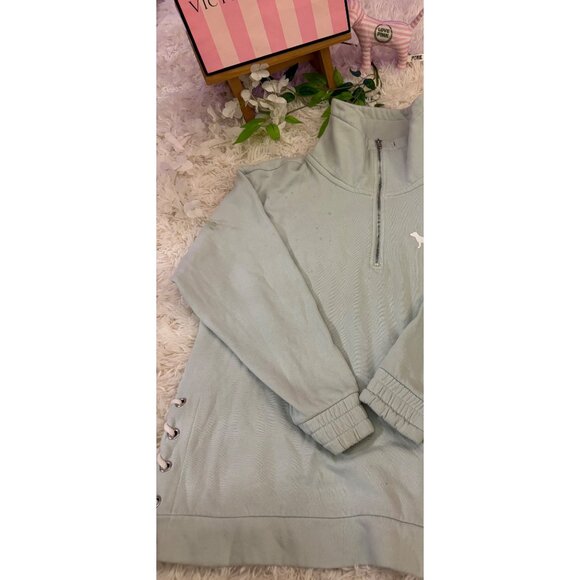 Victorias Secret Pink Quarter-Zip Pullover Sweatshirt Size S Teal - Picture 2 of 16